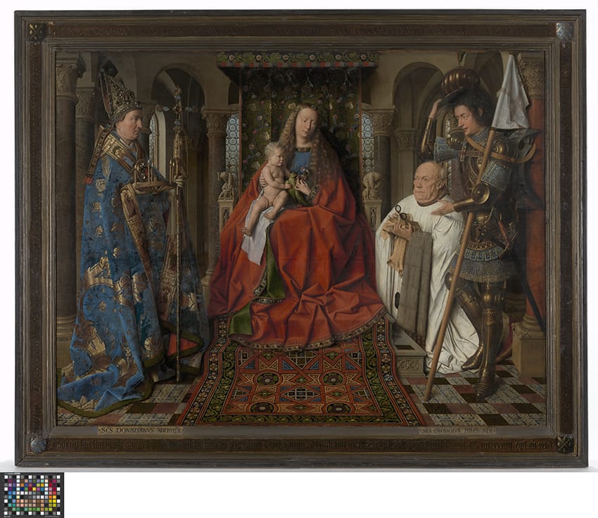 Jan van Eyck's 1436 painting Virgin and Child with Canon van der Paele, showing the enthroned Madonna flanked by Saint Donatian, the kneeling canon, and Saint George in armour