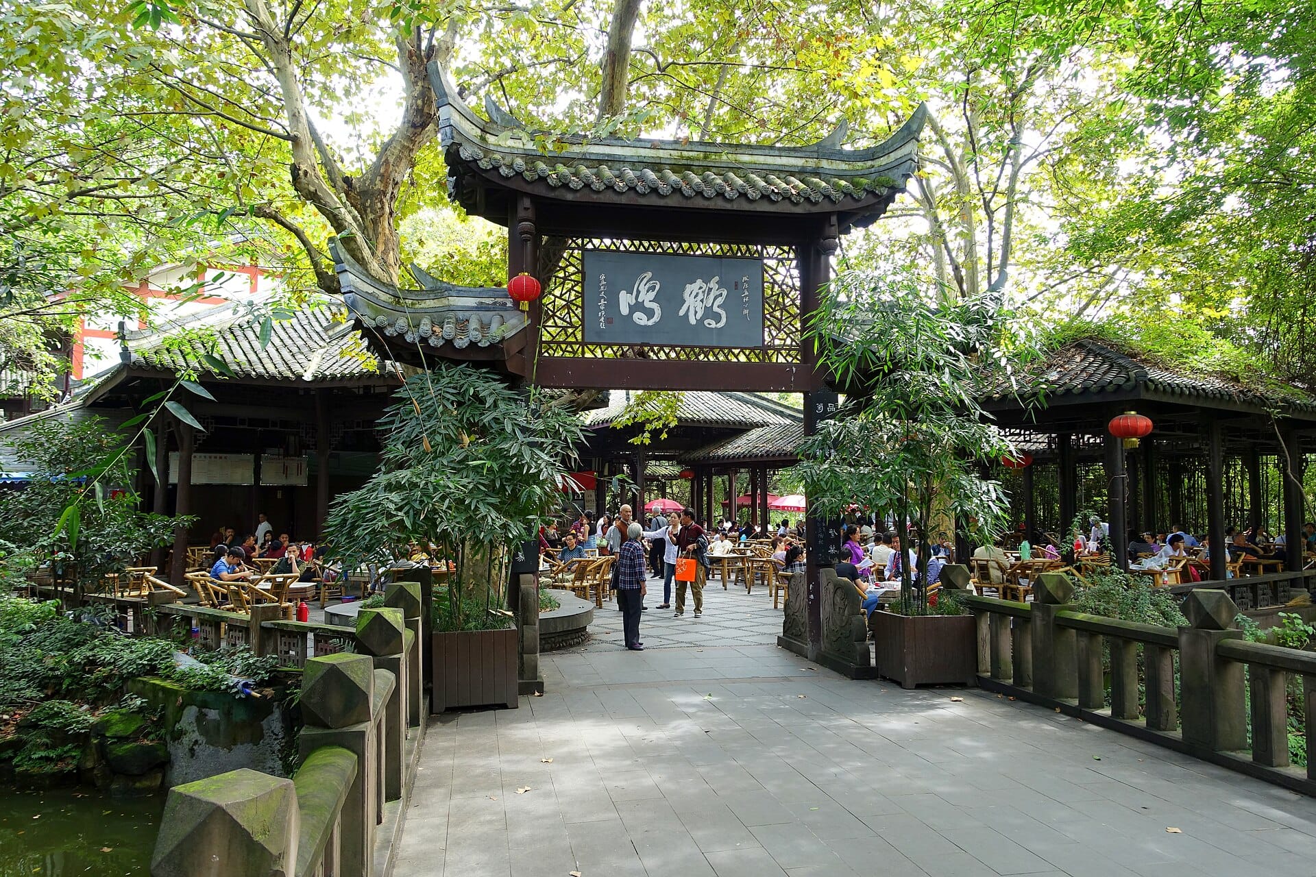 People sitting at a teahouse in Chengdu Renmin Park