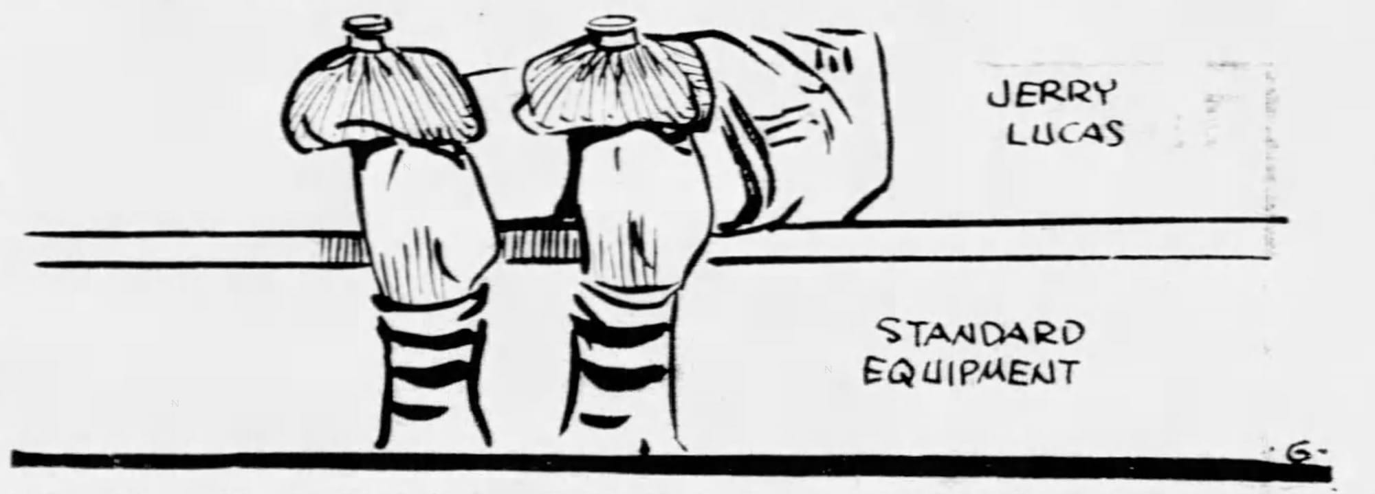 Encore une caricature et cette photo elle illustre l'équipement standard de Jerry Lucas, à savoir ses poches de glace. 