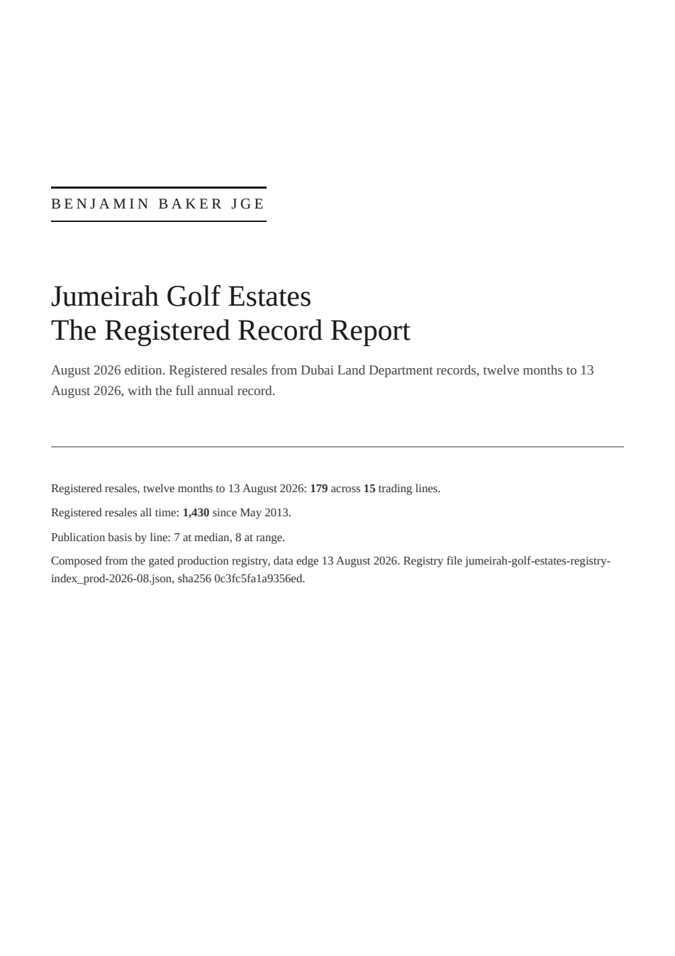 Cover of the Jumeirah Golf Estates Registered Record Report, August 2026 edition