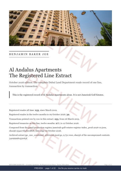 Page 1 of 22: the cover of the Al Andalus Apartments Line Extract, the full record, marked preview