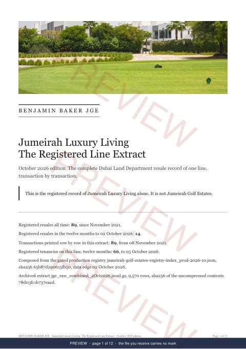 Page 1 of 12: the cover of the Jumeirah Luxury Living Line Extract, the full record, marked preview