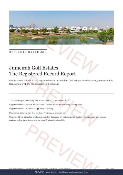 Page 1 of 86: the cover of the Jumeirah Golf Estates record, marked preview
