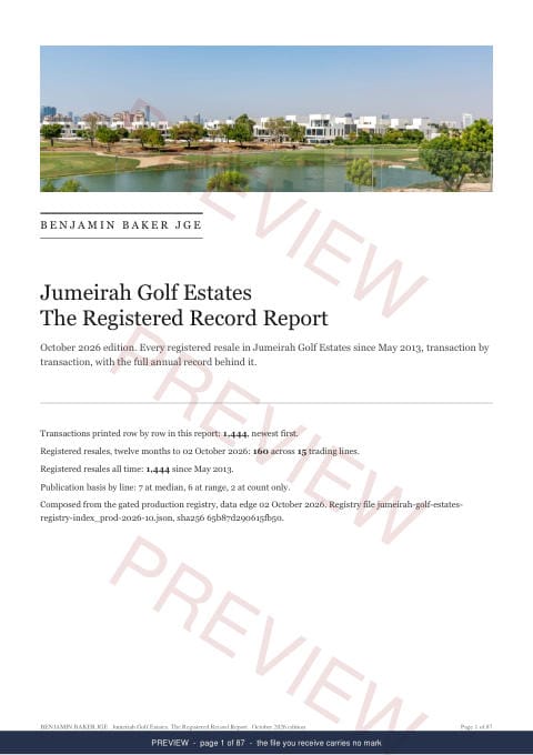 Page 1 of 87: the cover of the Jumeirah Golf Estates The Full Record, 2013 to date, marked preview