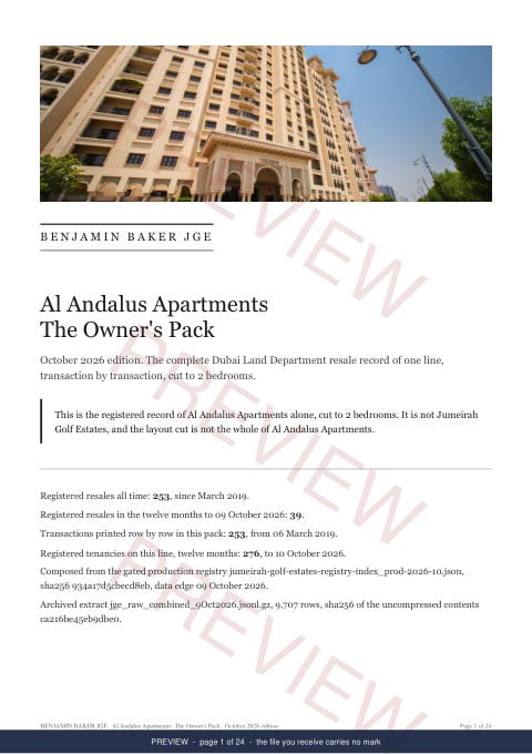 Page 1 of 24: the cover of the Al Andalus Apartments Owner's Pack, marked preview