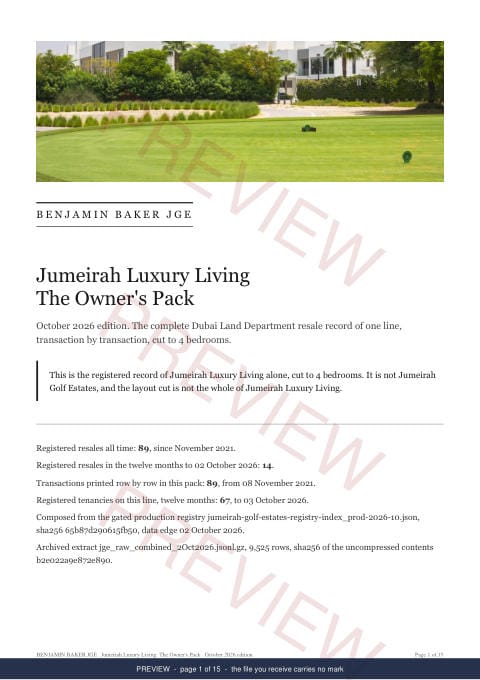 Page 1 of 15: the cover of the Jumeirah Luxury Living Owner's Pack, marked preview