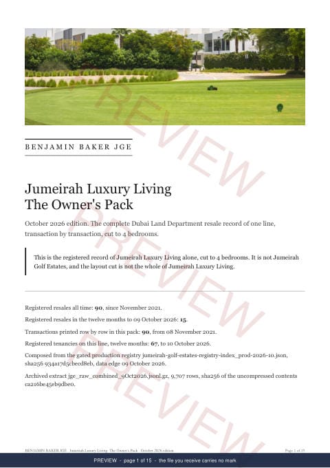 Page 1 of 15: the cover of the Jumeirah Luxury Living Owner's Pack, marked preview
