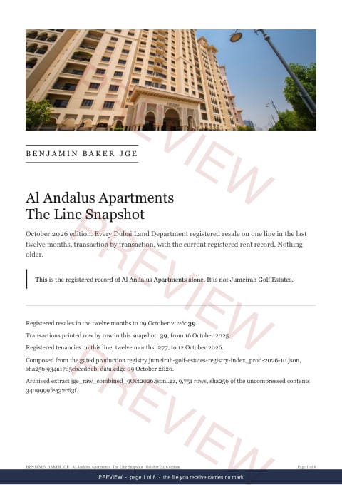 Page 1 of 8: the cover of the Al Andalus Apartments Line Snapshot, marked preview