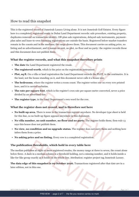 Page 2 of 7: how to read it of the Jumeirah Luxury Living Line Snapshot, marked preview