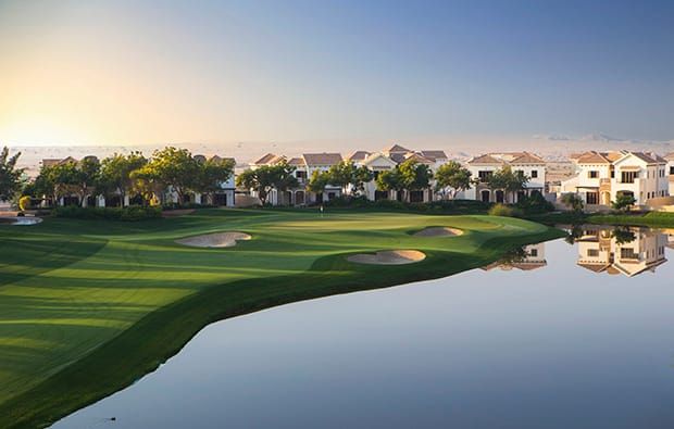 Jumeirah Golf Estates Phase 1, mature villa community with golf course views and lake