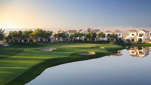 Jumeirah Golf Estates Phase 1, mature villa community with golf course views and lake
