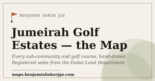 The hand-drawn map of Jumeirah Golf Estates