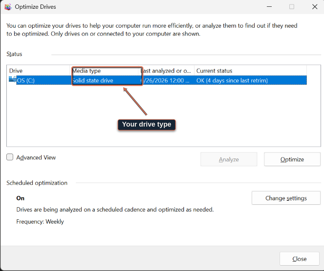 Windows Optimize Drives window with the Media type column highlighted, showing a Solid state drive.