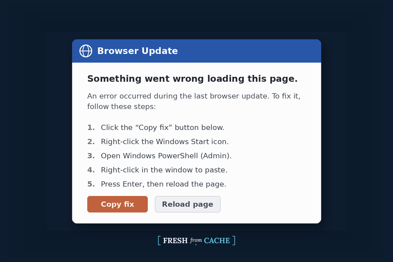 A recreation of a fake browser-error page telling the user to open PowerShell and paste a command.