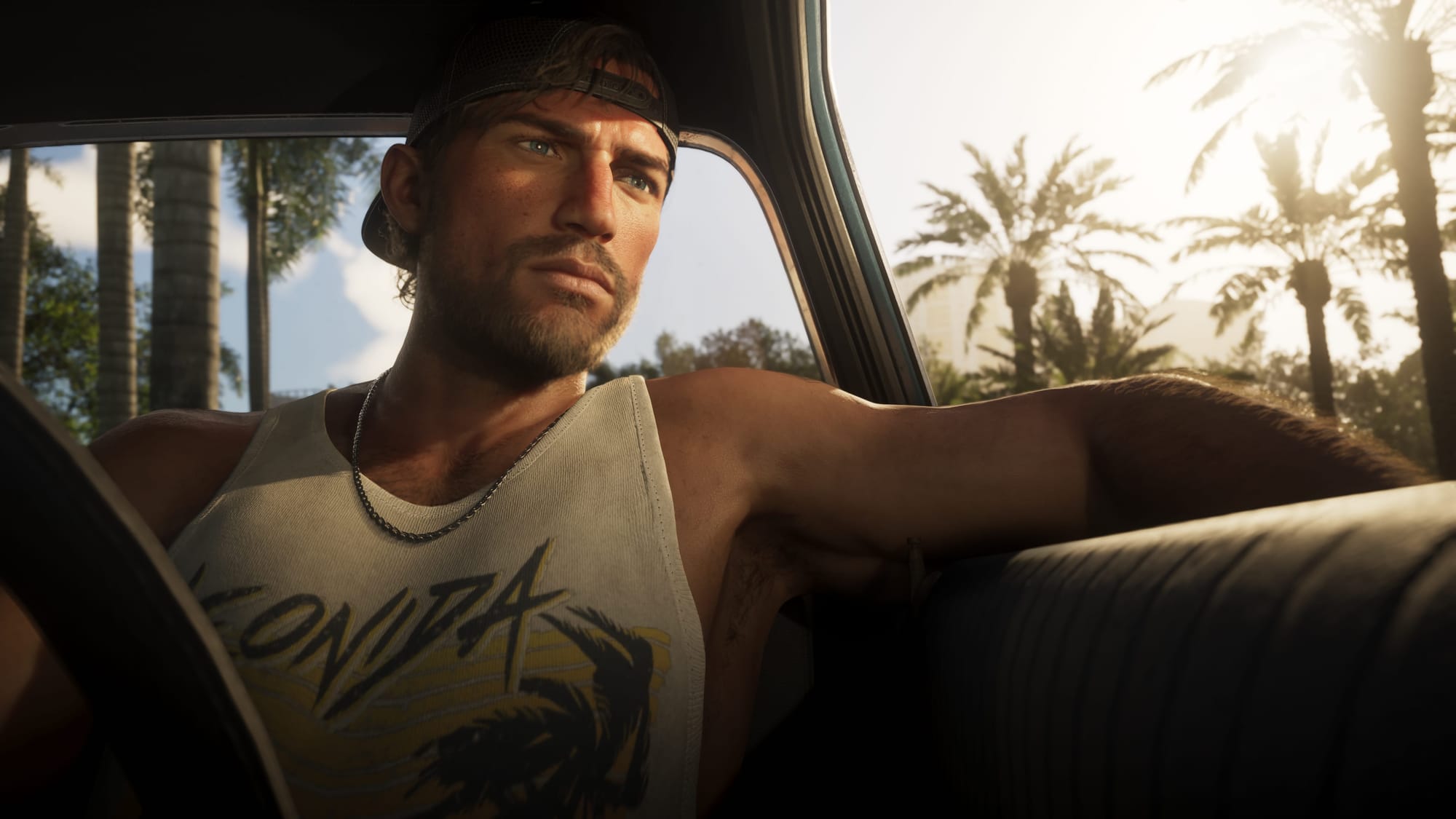 Jason Duval, one of Grand Theft Auto VI's two protagonists, seated in a car.