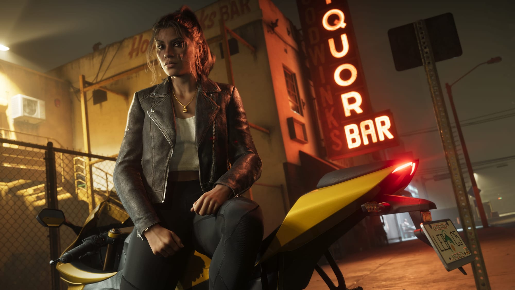Lucia Caminos, one of Grand Theft Auto VI's two protagonists, on a motorcycle at night in Vice City.