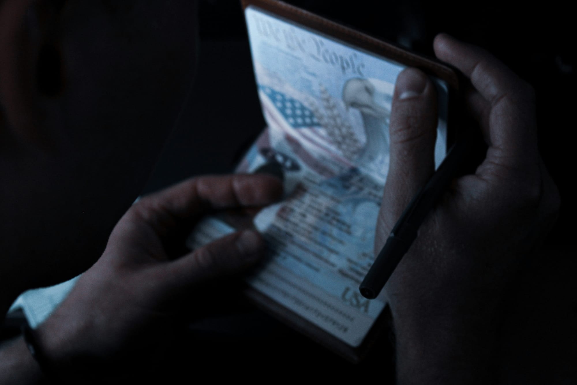 A hand holding a US passport open to the We the People page