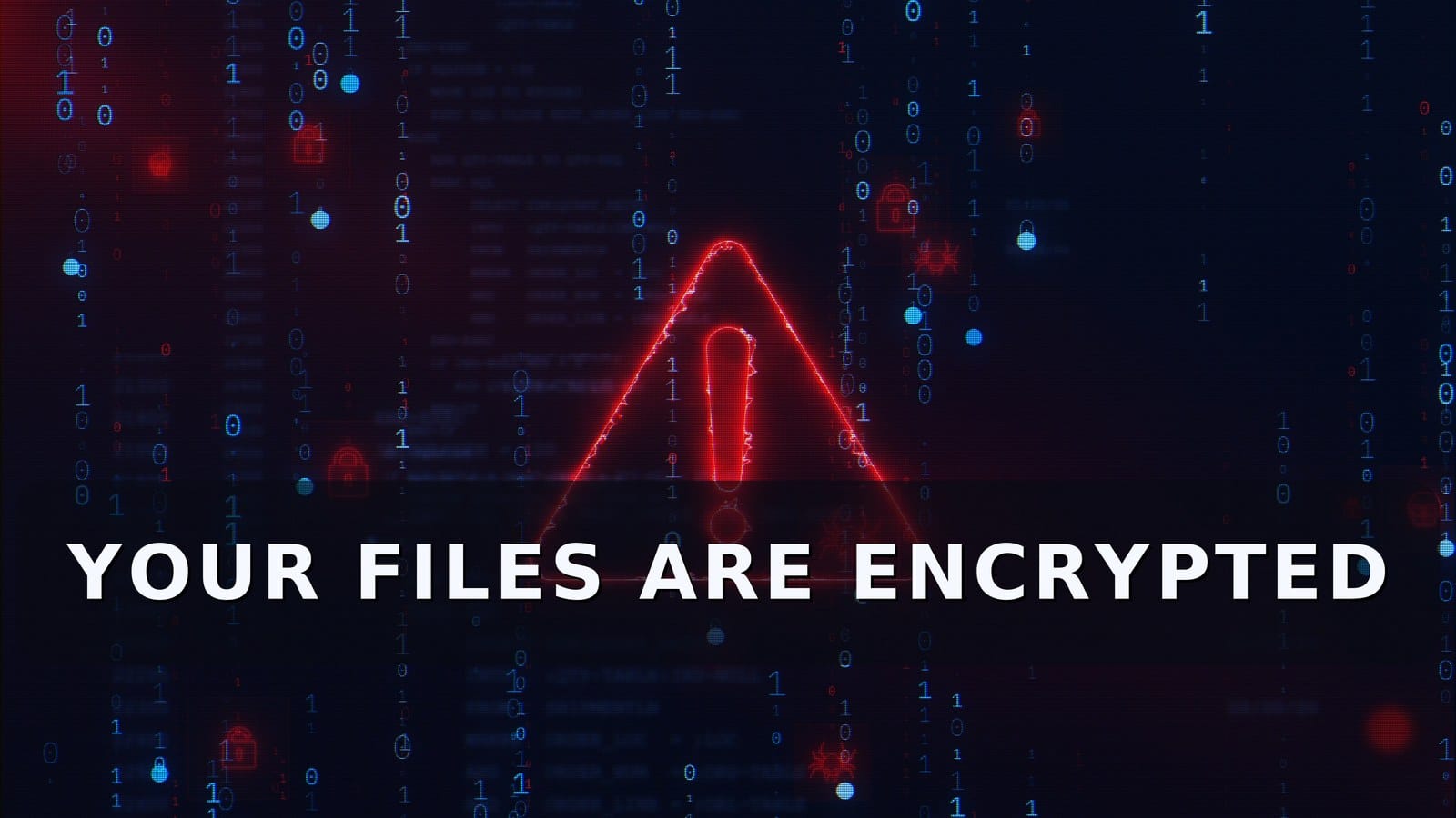 A red warning triangle over falling code with the words your files are encrypted.
