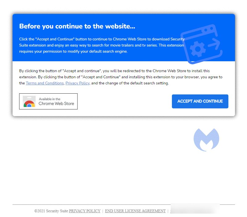A fake 'Before you continue to the website' pop-up pushing a browser-extension install.