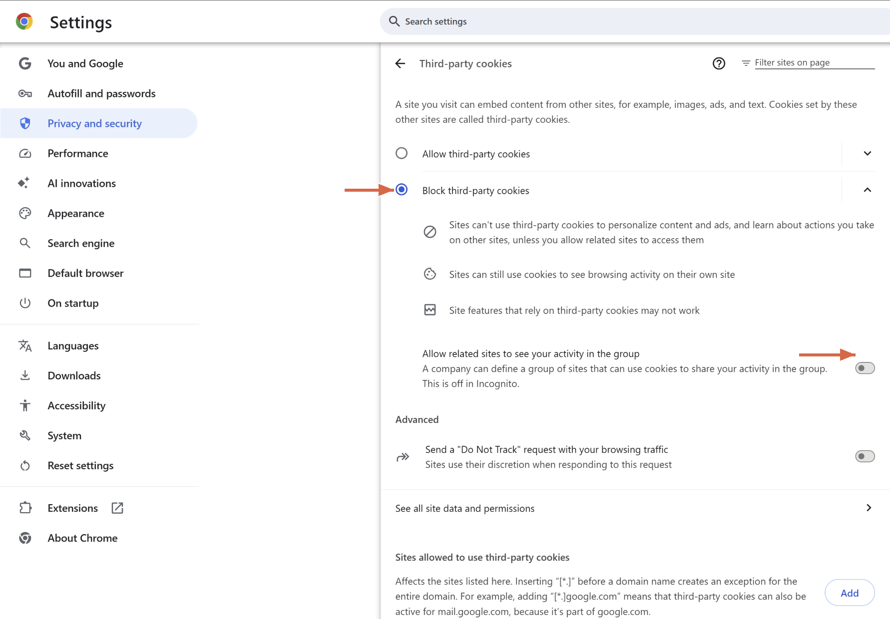 Chrome Settings, Third-party cookies page, with Block third-party cookies selected and the related-sites sharing toggle switched off.
