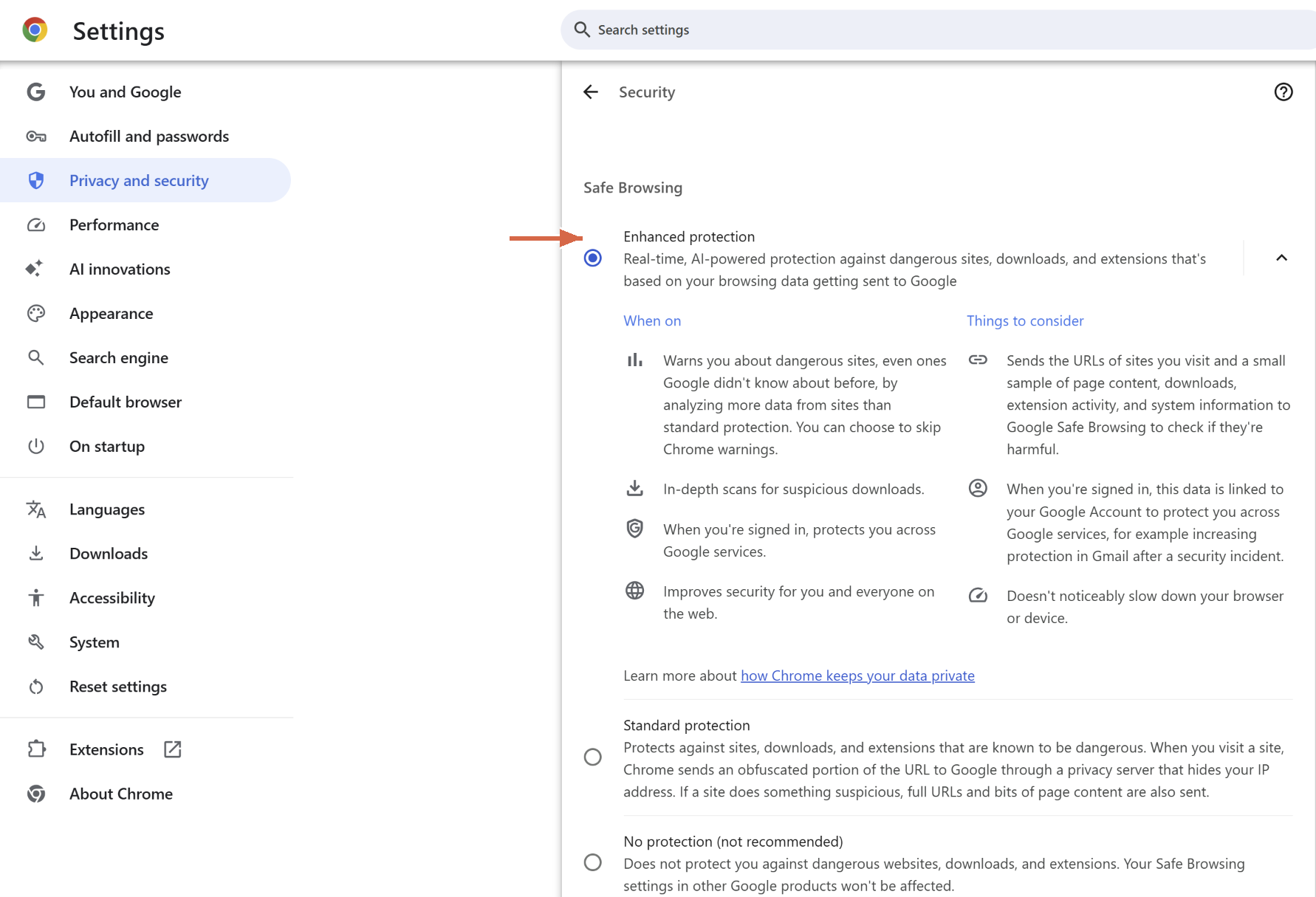 Chrome Settings, Security page, with Safe Browsing set to Enhanced protection.