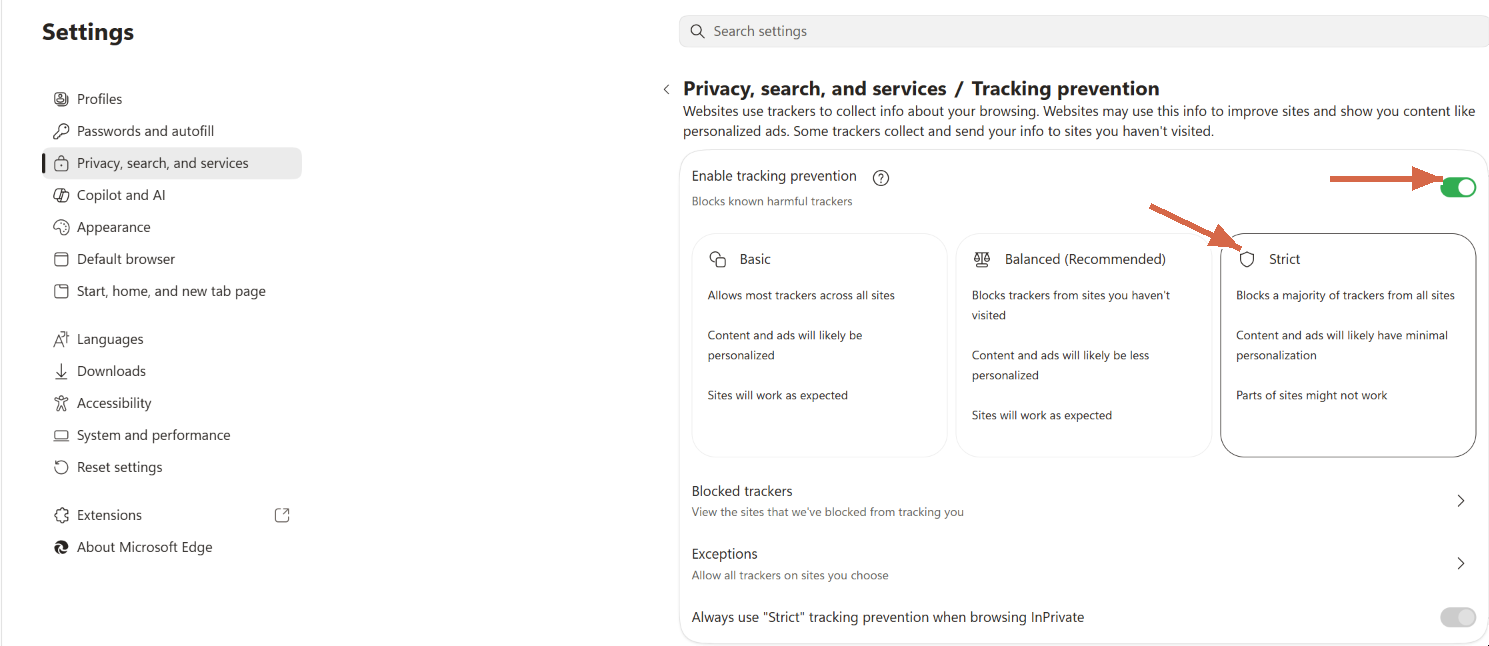 Microsoft Edge Settings, Tracking prevention set to Strict with tracking prevention turned on.
