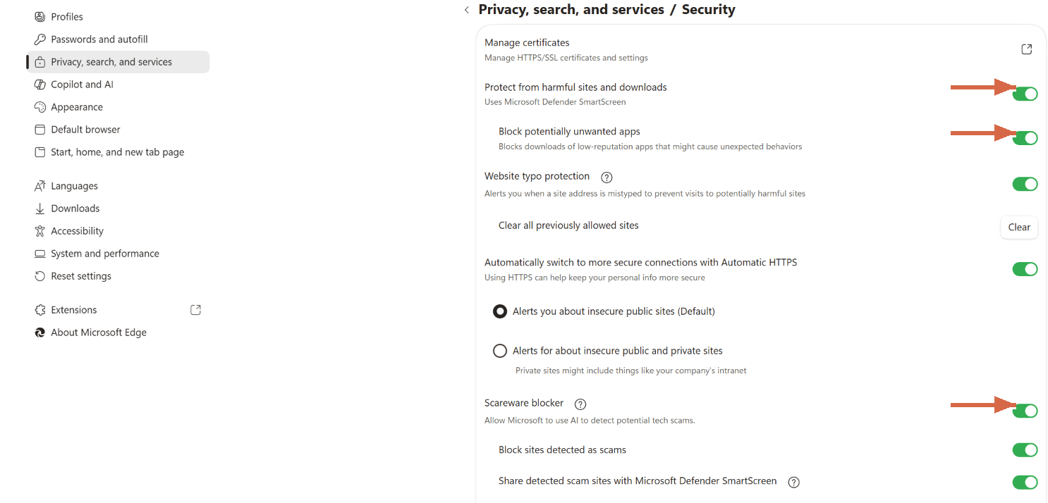 Microsoft Edge Settings, Security section, showing Protect from harmful sites and downloads on, Block potentially unwanted apps on, and Scareware blocker on.