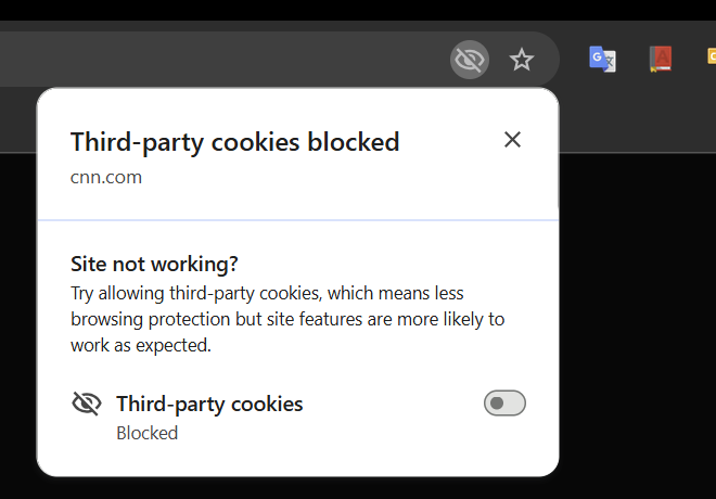 Chrome's Tracking Protection popup, opened from the eye icon in the address bar, with the toggle to allow third-party cookies for this site.