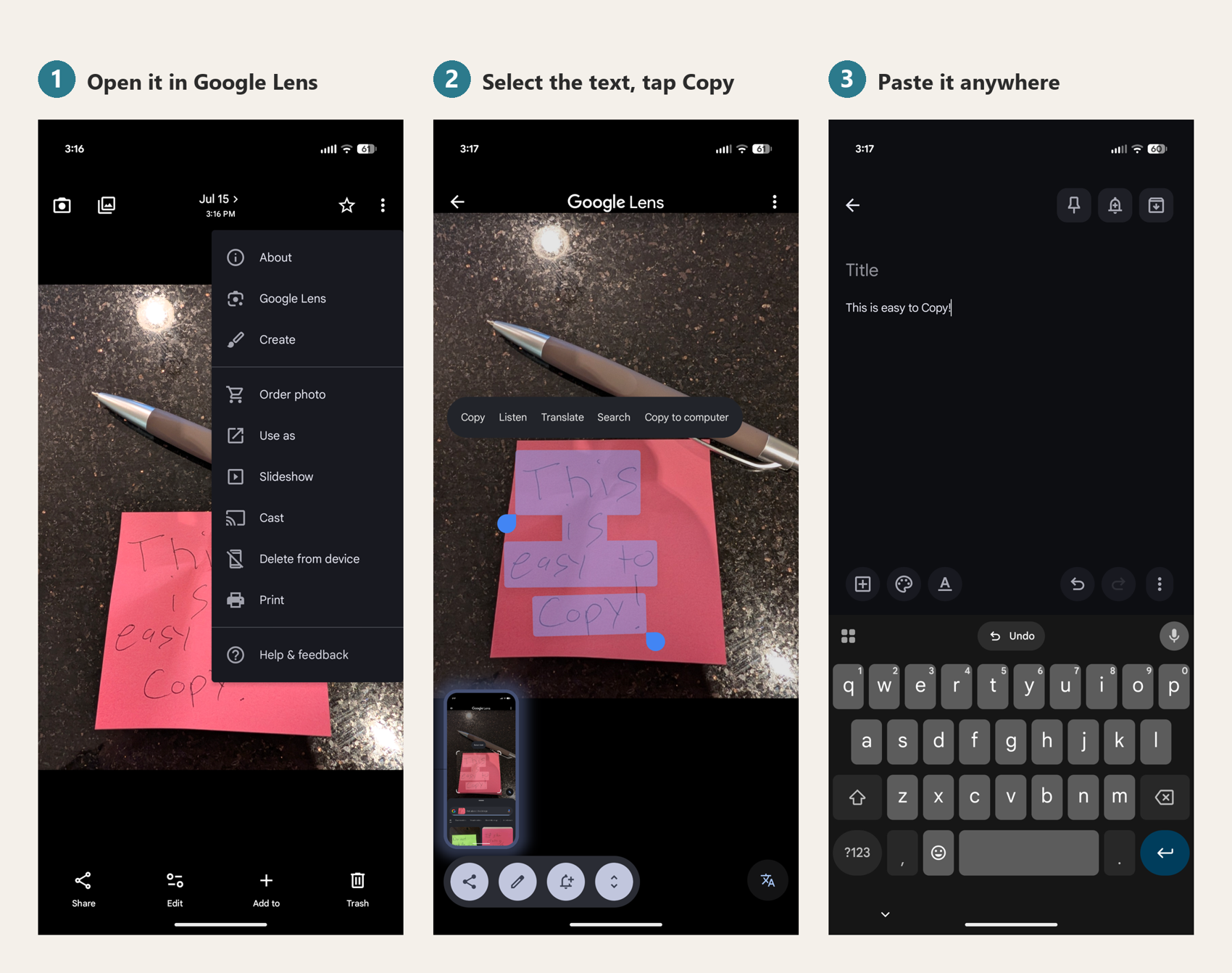 Three Android screenshots showing how to copy text with Google Lens: opening the photo in Lens, selecting the text and tapping Copy, then pasting it into a note.
