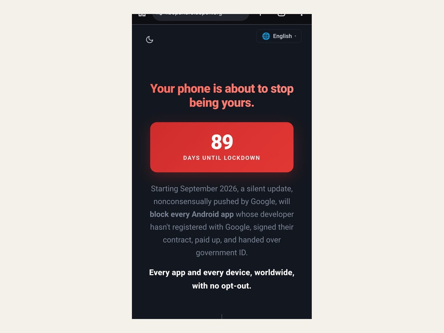 Screenshot of the keepandroidopen.org campaign site: a red box reading 89 days until lockdown beneath the headline your phone is about to stop being yours.