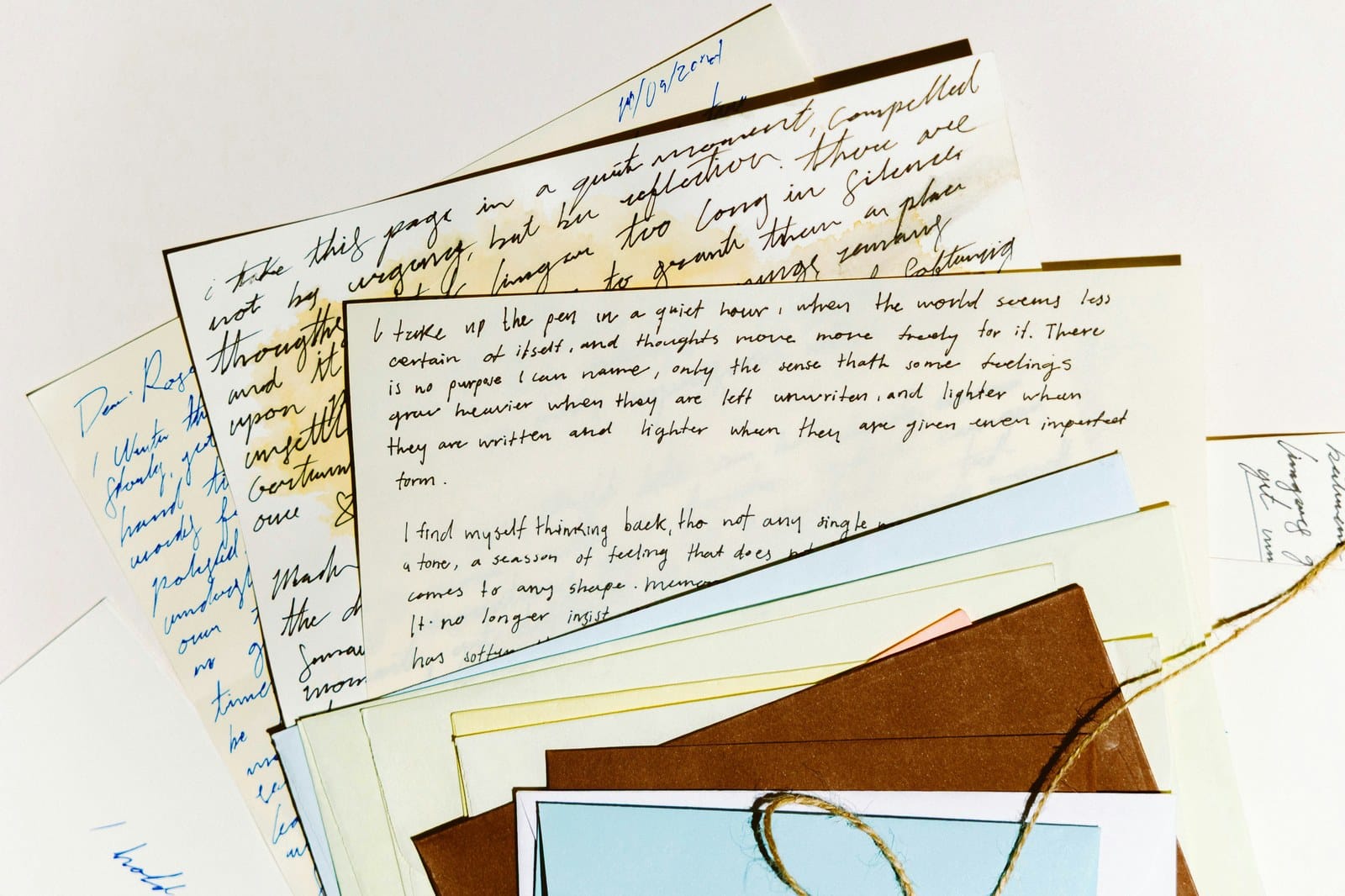 A stack of handwritten letters and postcards fanned out on a table.
