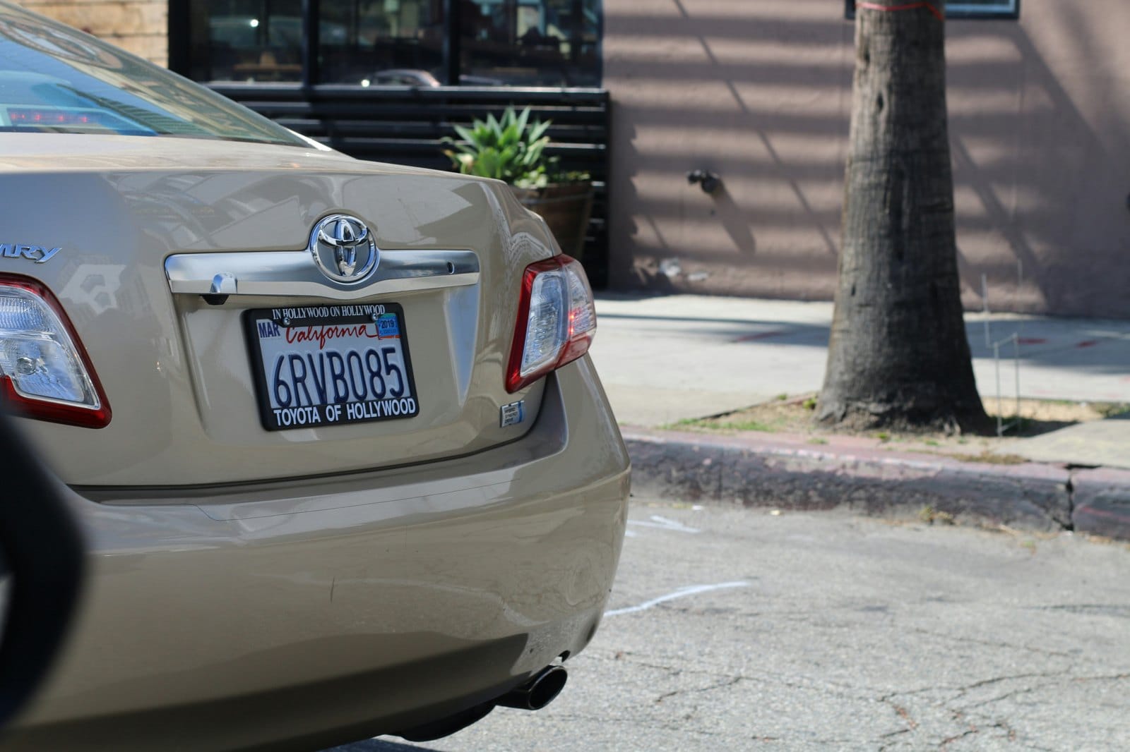 The rear of a parked tan sedan, license plate visible