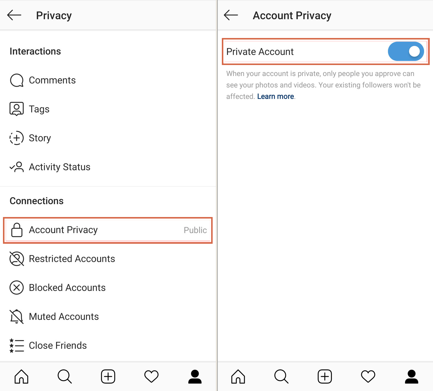 Two Instagram screens: the Privacy menu with Account Privacy highlighted, and the Private Account toggle switched on.