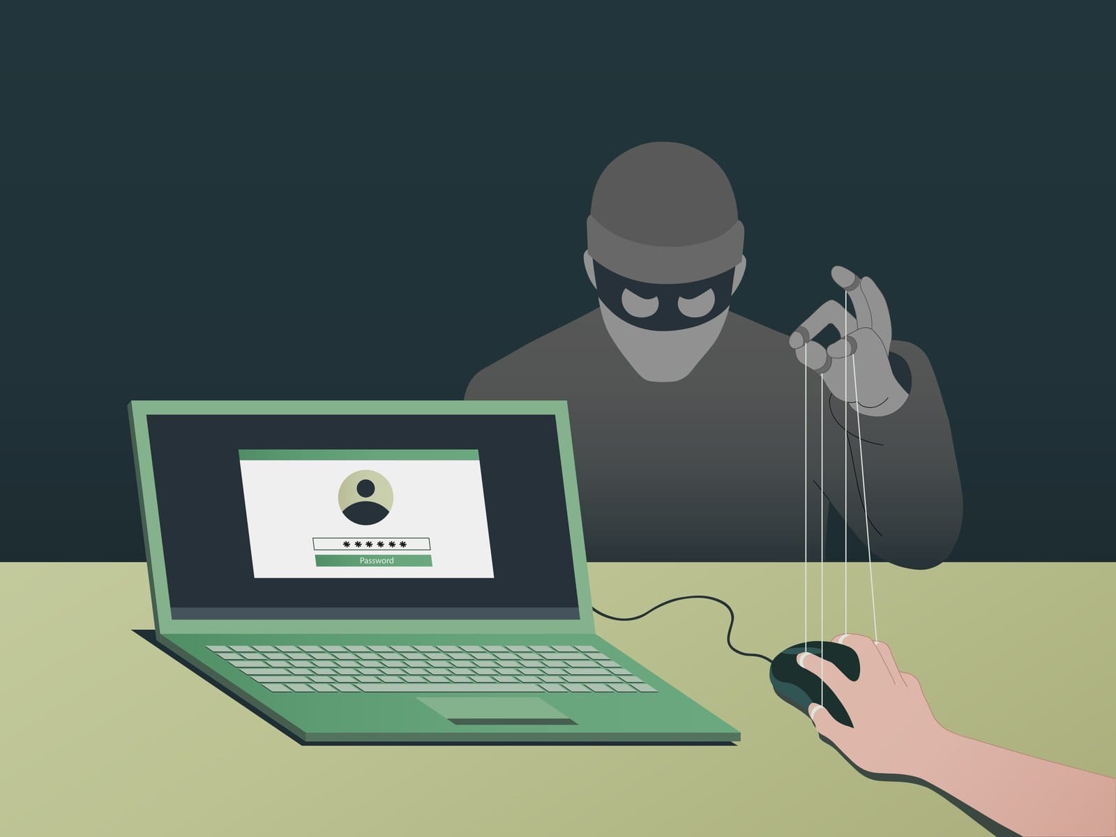 Illustration of a masked figure pulling puppet strings attached to a person's hand on a computer mouse, with a password login screen on the laptop
