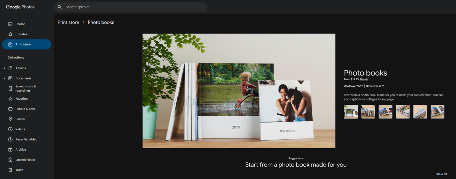 The Google Photos Print store page showing photo books in hardcover and softcover.