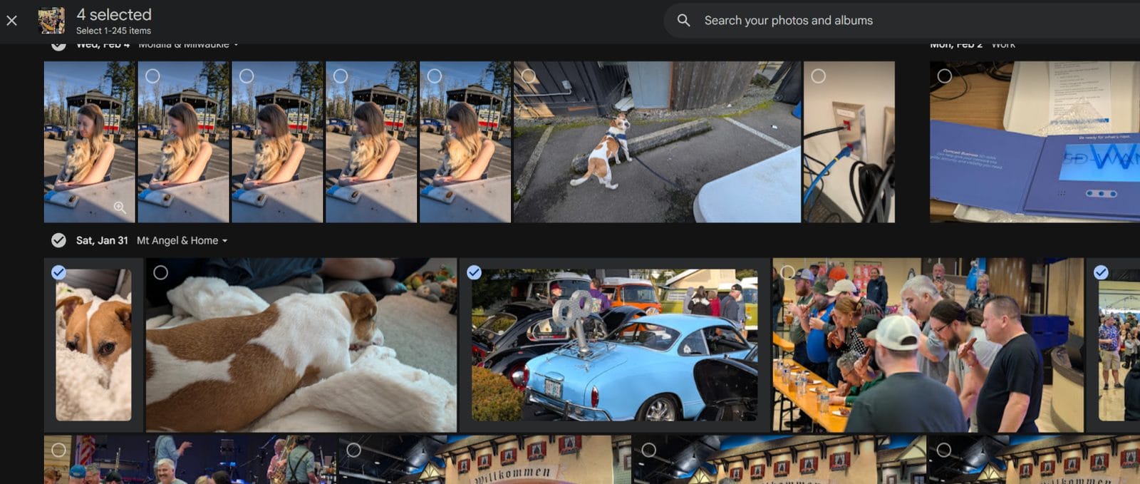 Selecting photos in Google Photos, with checkmarks on chosen pictures and photos grouped by date.