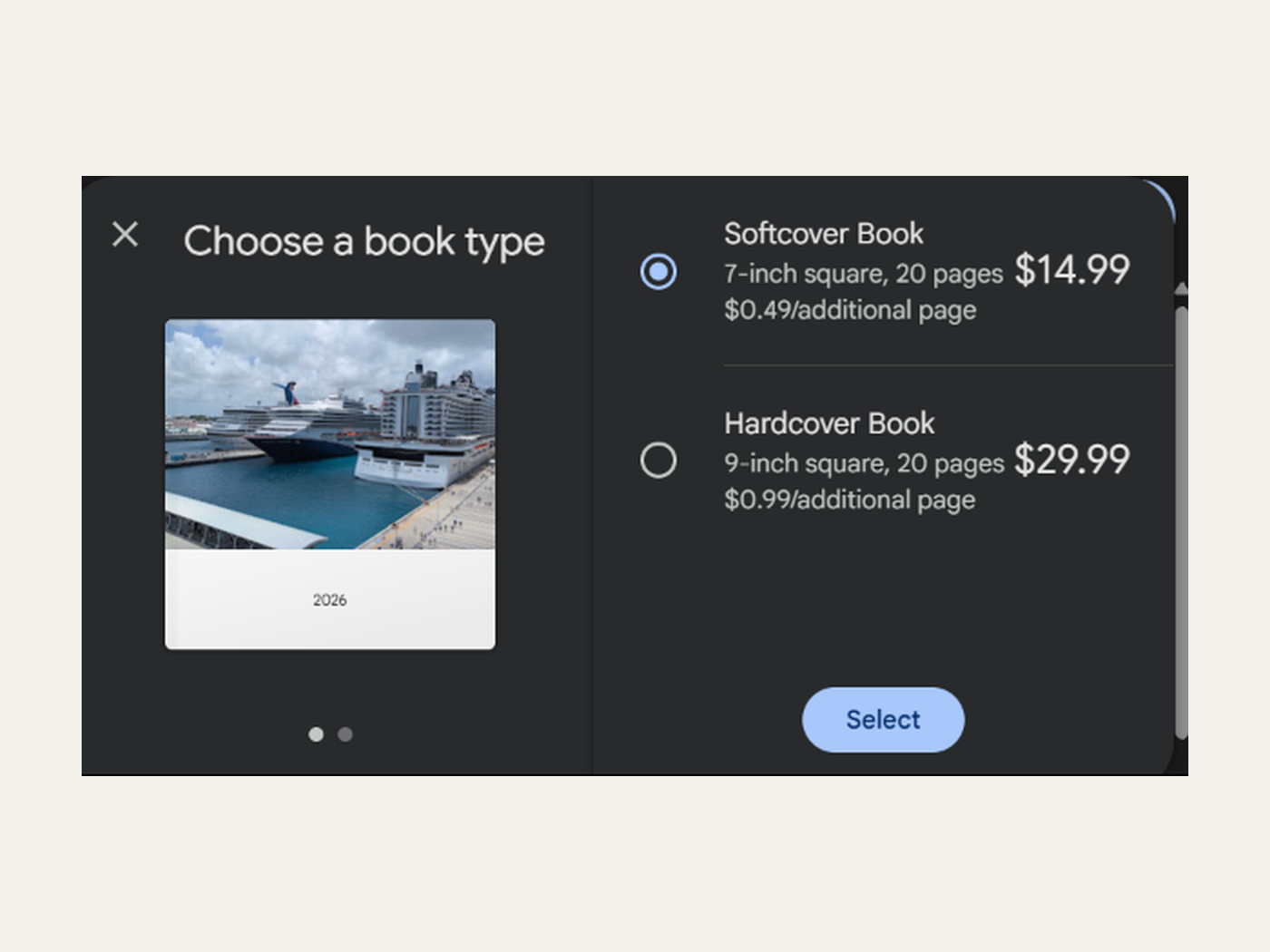 The Google Photos book type chooser showing a 7-inch softcover for $14.99 and a 9-inch hardcover for $29.99.