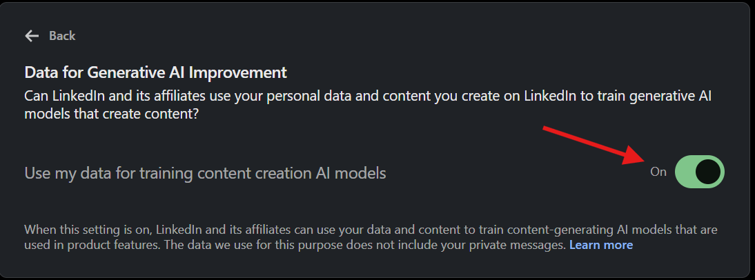 LinkedIn's Data for Generative AI Improvement screen, showing the 'Use my data for training content creation AI models' toggle switched on