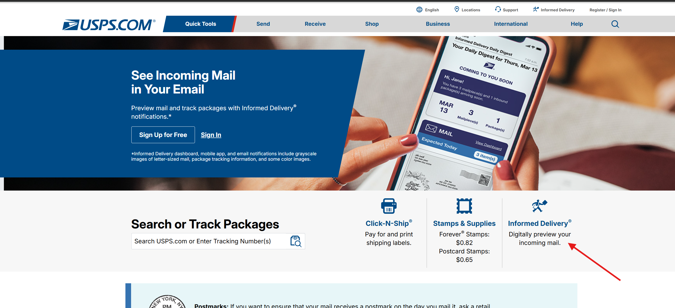 The USPS.com home page with a red arrow pointing at the Informed Delivery link under Quick Tools.