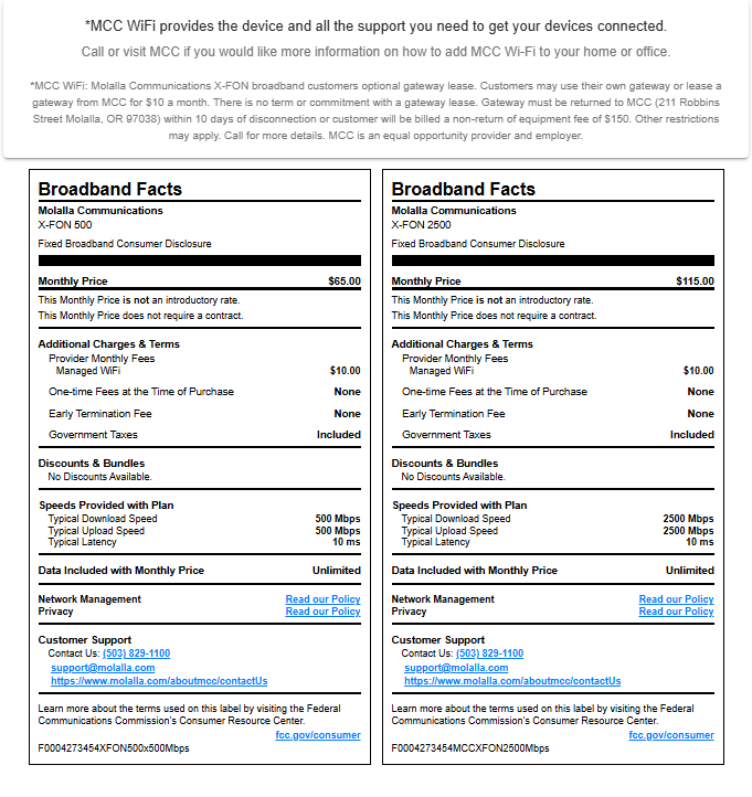 Two broadband labels from a fiber provider showing monthly price, a ten dollar managed Wi-Fi fee, and typical download and upload speeds of 500 and 2500 Mbps.