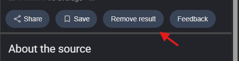 The About this result panel in Google Search showing Share, Save, Remove result and Feedback buttons, with an arrow pointing at Remove result