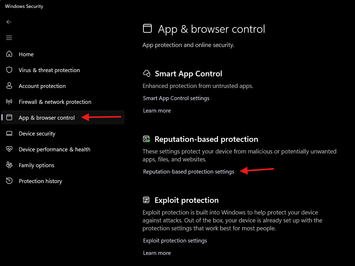 The App and browser control page in Windows Security, with Reputation-based protection settings below Smart App Control.