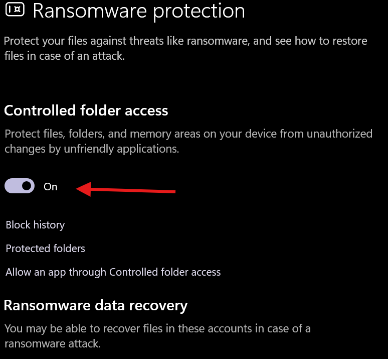 The Ransomware protection page with Controlled folder access turned on.