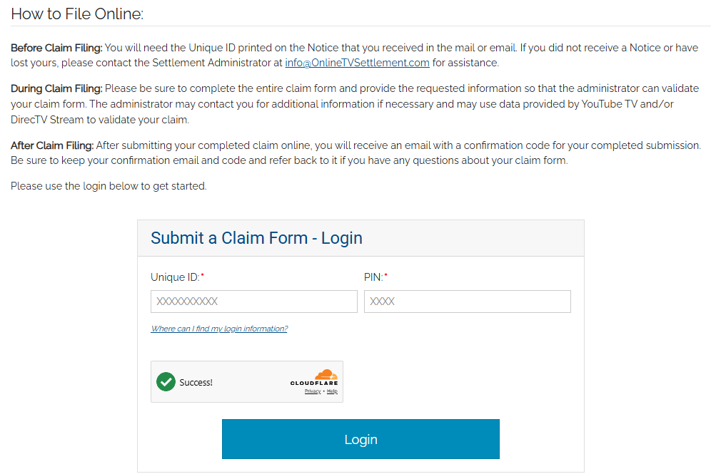 The claim form login on onlinetvsettlement.com asking for the Unique ID and PIN printed on the mailed notice