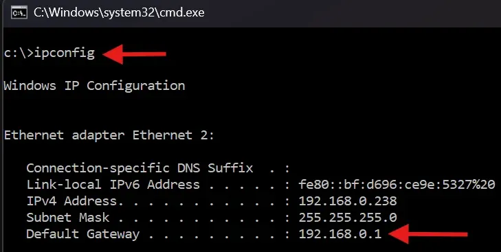 Run ipconfig and read the Default Gateway line. That is your router.