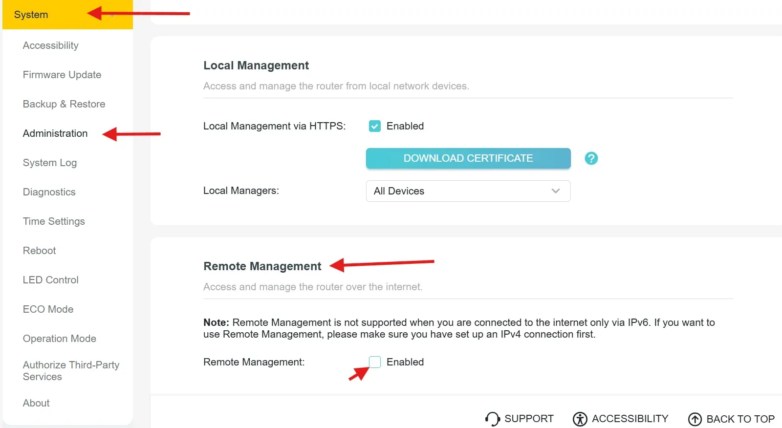 On this TP-Link, it lives under System, then Administration. The box you want unchecked is Remote Management.