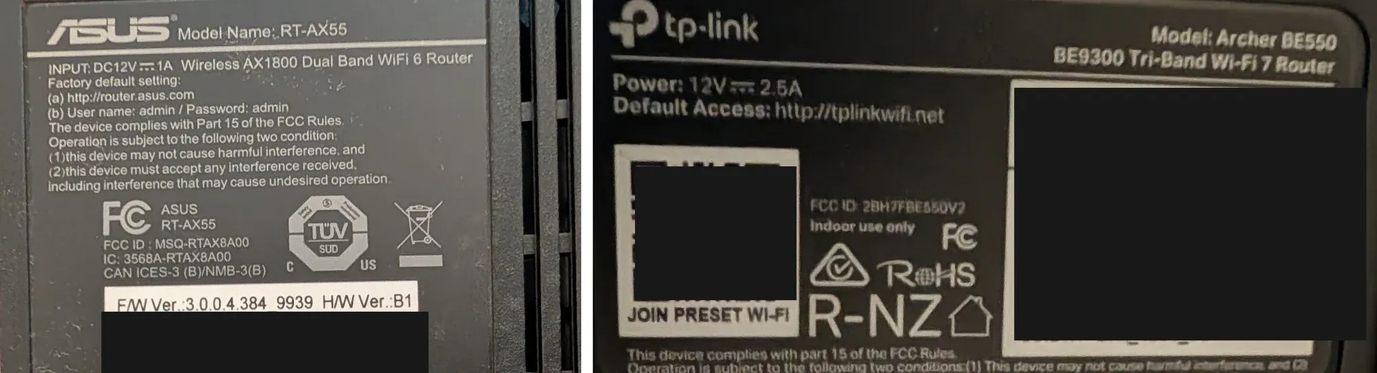 Two routers, two conventions. The ASUS on the left prints its hardware revision as `H/W Ver.:B1`. The TP-Link on the right prints no hardware version at all.
