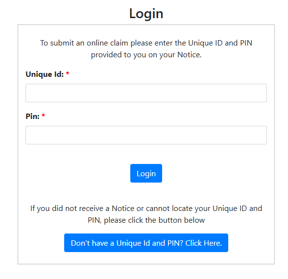 The settlement website's login page, asking for a Unique ID and PIN, with a button underneath that reads Don't have a Unique Id and PIN? Click Here.