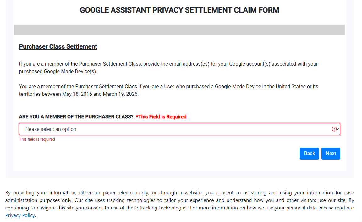 The claim form's Purchaser Settlement Class page, asking whether you are a member of the purchaser class, with the class definition and the May 18, 2016 to March 19, 2026 date range printed above the question.