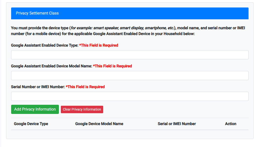 The claim form's Privacy Settlement Class panel, with required fields for device type, device model name, and serial number or IMEI number.